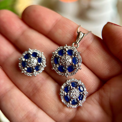 Royal Blue Sapphire  Pendant & Earrings in Sterling Silver