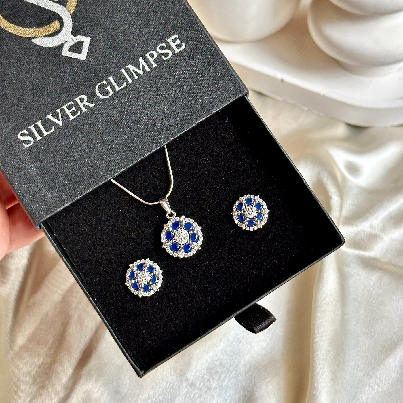 Royal Blue Sapphire  Pendant & Earrings in Sterling Silver
