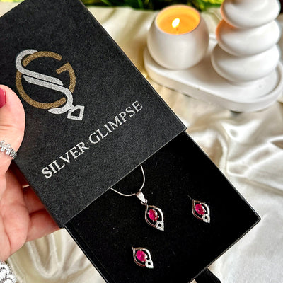 Red Ruby 925 Sterling Silver Pendant & Earrings Set
