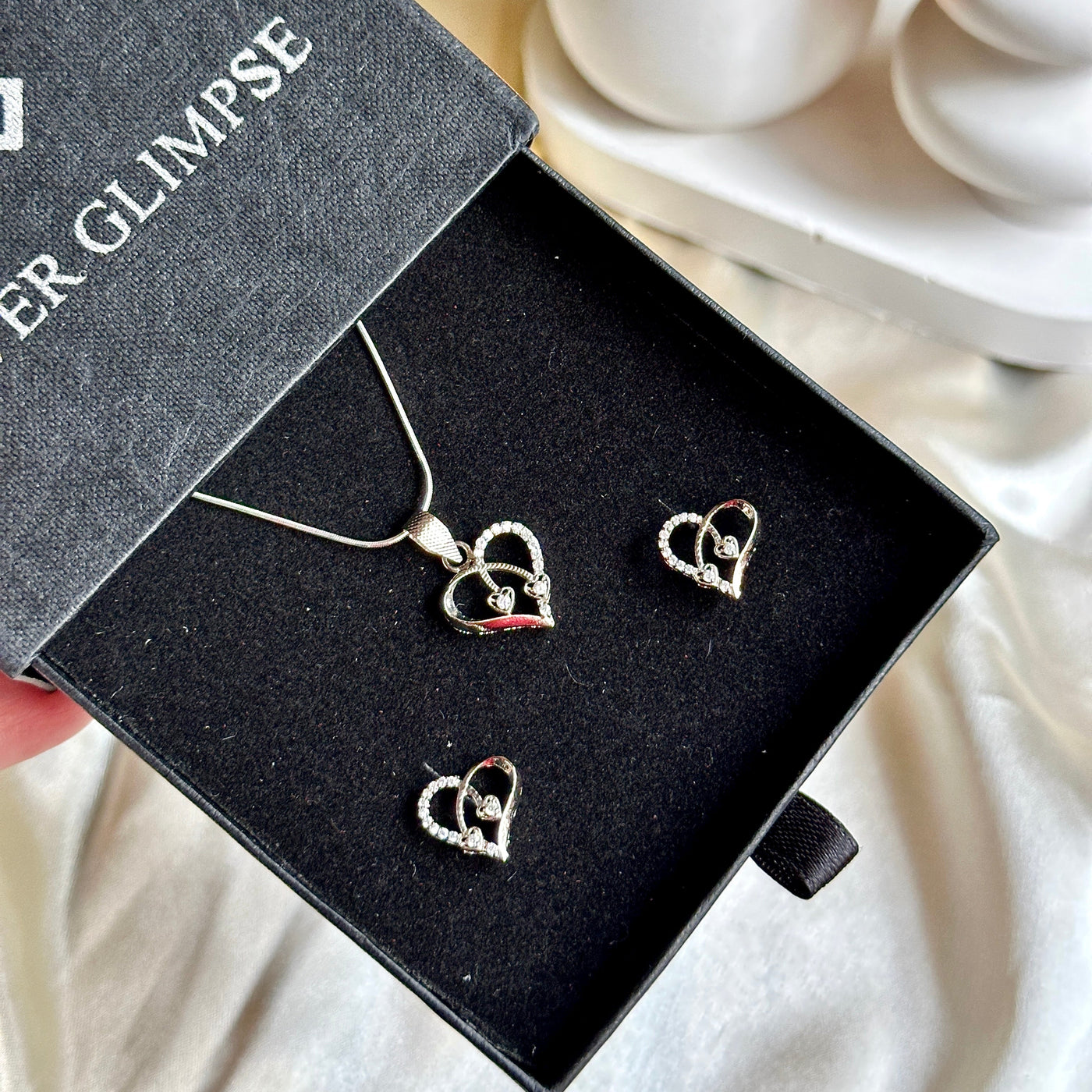 Celeste Heart Duo – 925 Sterling Silver Pendant & Earrings Set with Sparkling Crystals