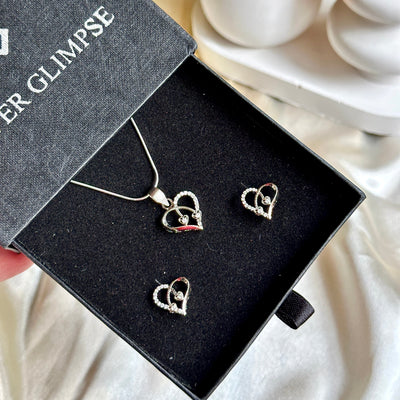 Celeste Heart Duo – 925 Sterling Silver Pendant & Earrings Set with Sparkling Crystals
