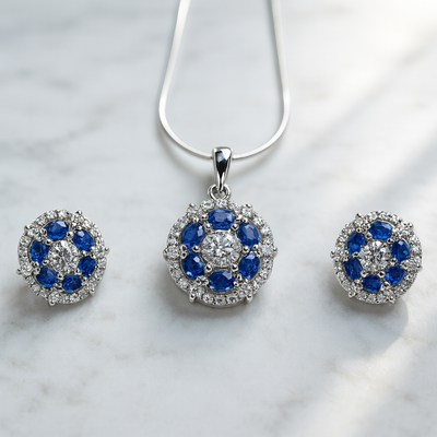 Royal Blue Sapphire  Pendant & Earrings in Sterling Silver