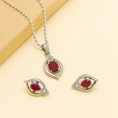 Red Ruby 925 Sterling Silver Pendant & Earrings Set