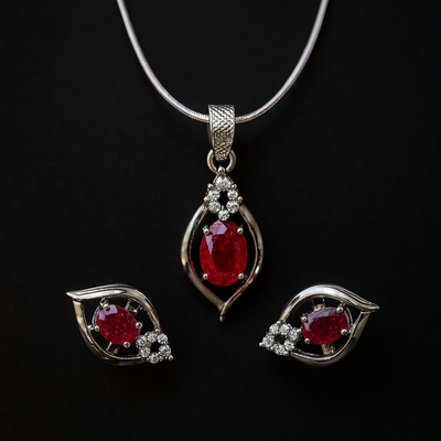 Red Ruby 925 Sterling Silver Pendant & Earrings Set