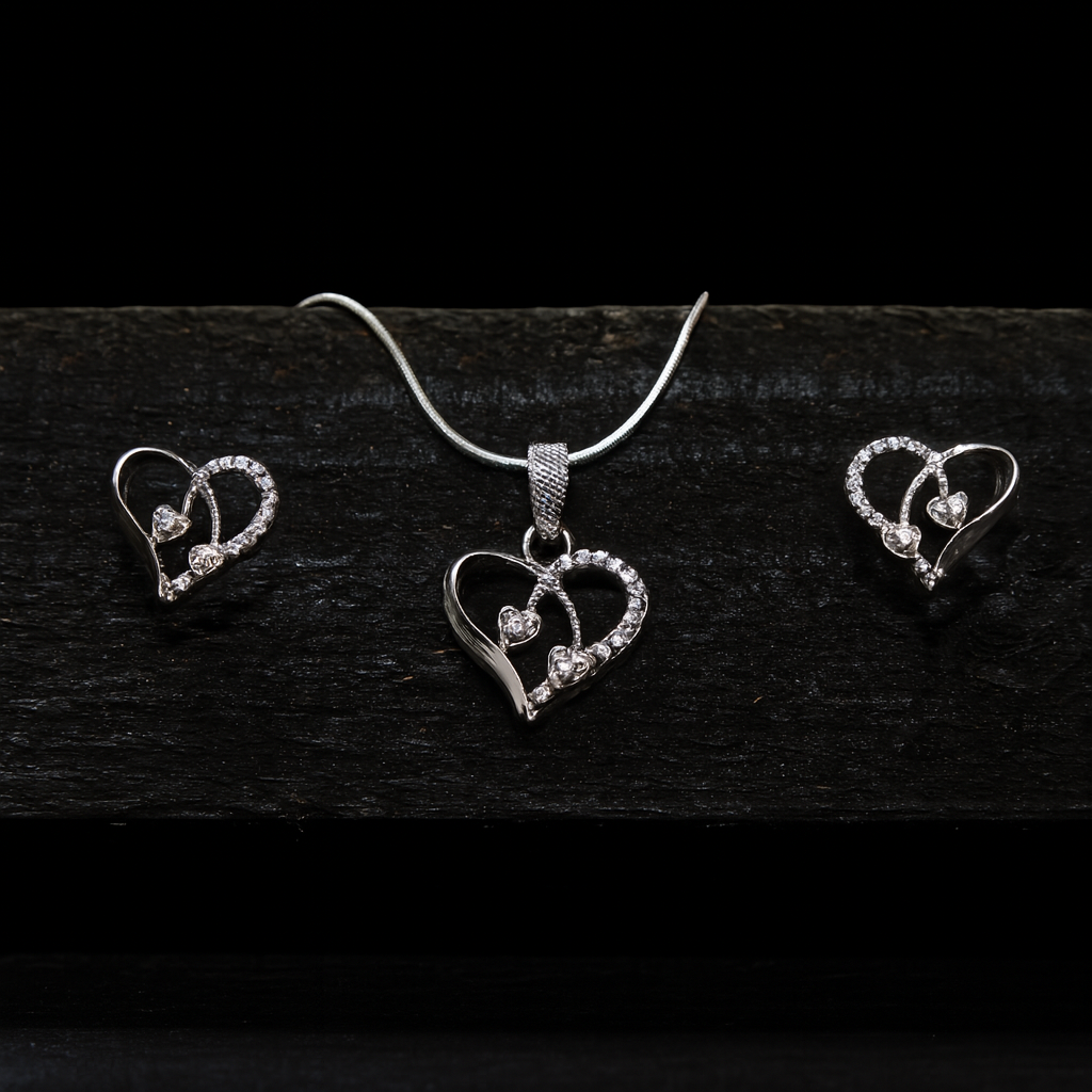 Celeste Heart Duo – 925 Sterling Silver Pendant & Earrings Set with Sparkling Crystals