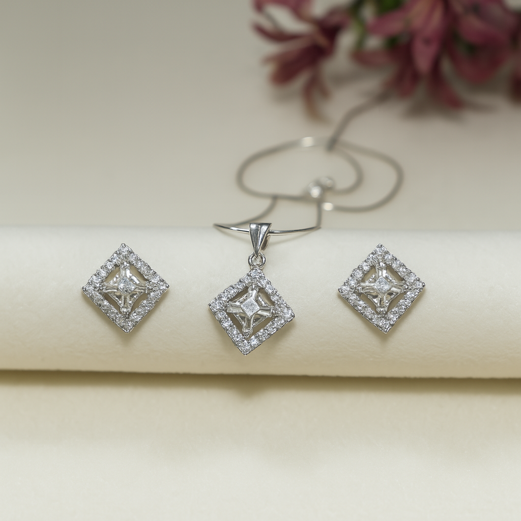 Aurora Radiance Square Pendant & Earrings Set – 925 Sterling Silver